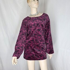 Woman Within Velour Shirt Plus Size 2X 26/28 Purple Paisley Long Sleeve Tunic
